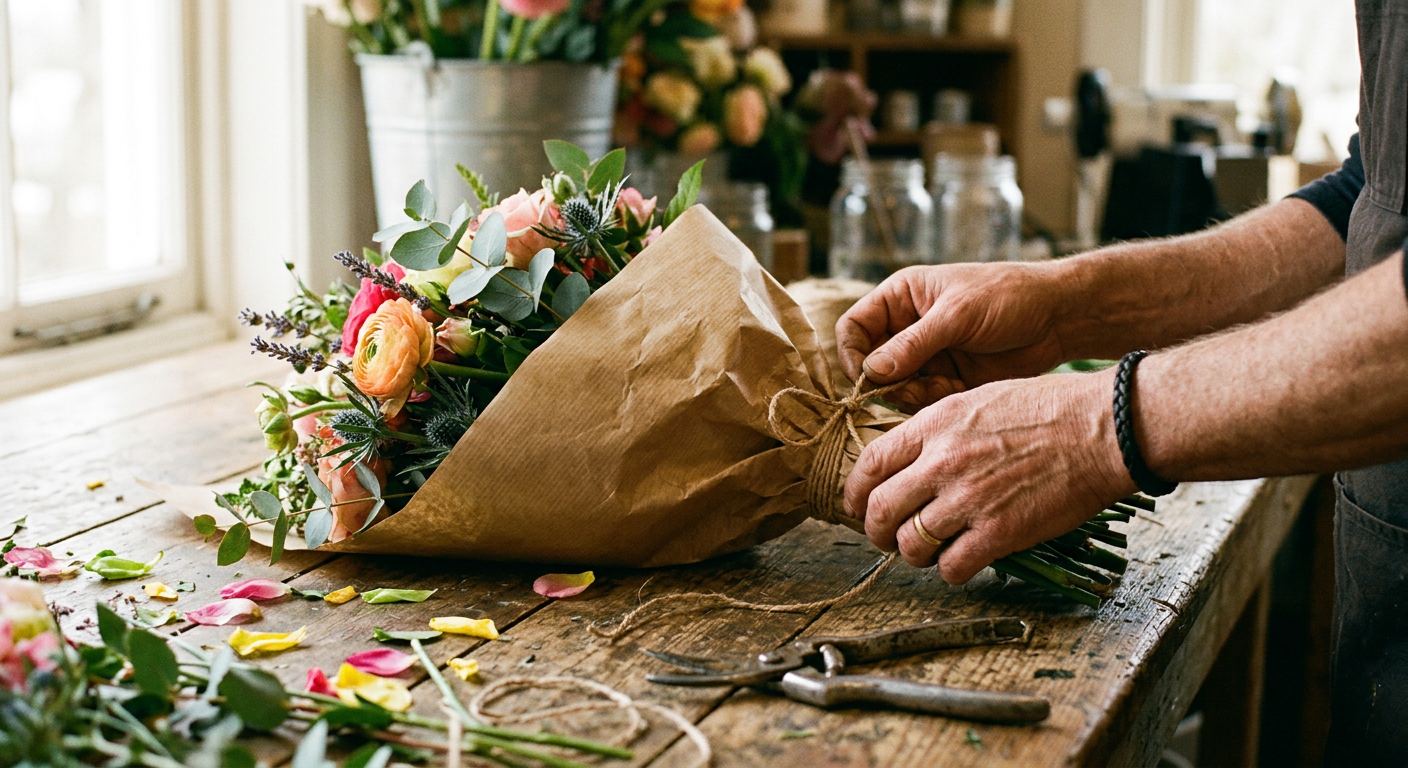 A florist's hands wrapping a bouquet in the shop